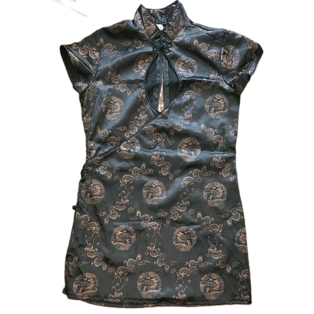 Vtg Frederick's of Hollywood Black Satin Dragon Keyhole Dress Medium
